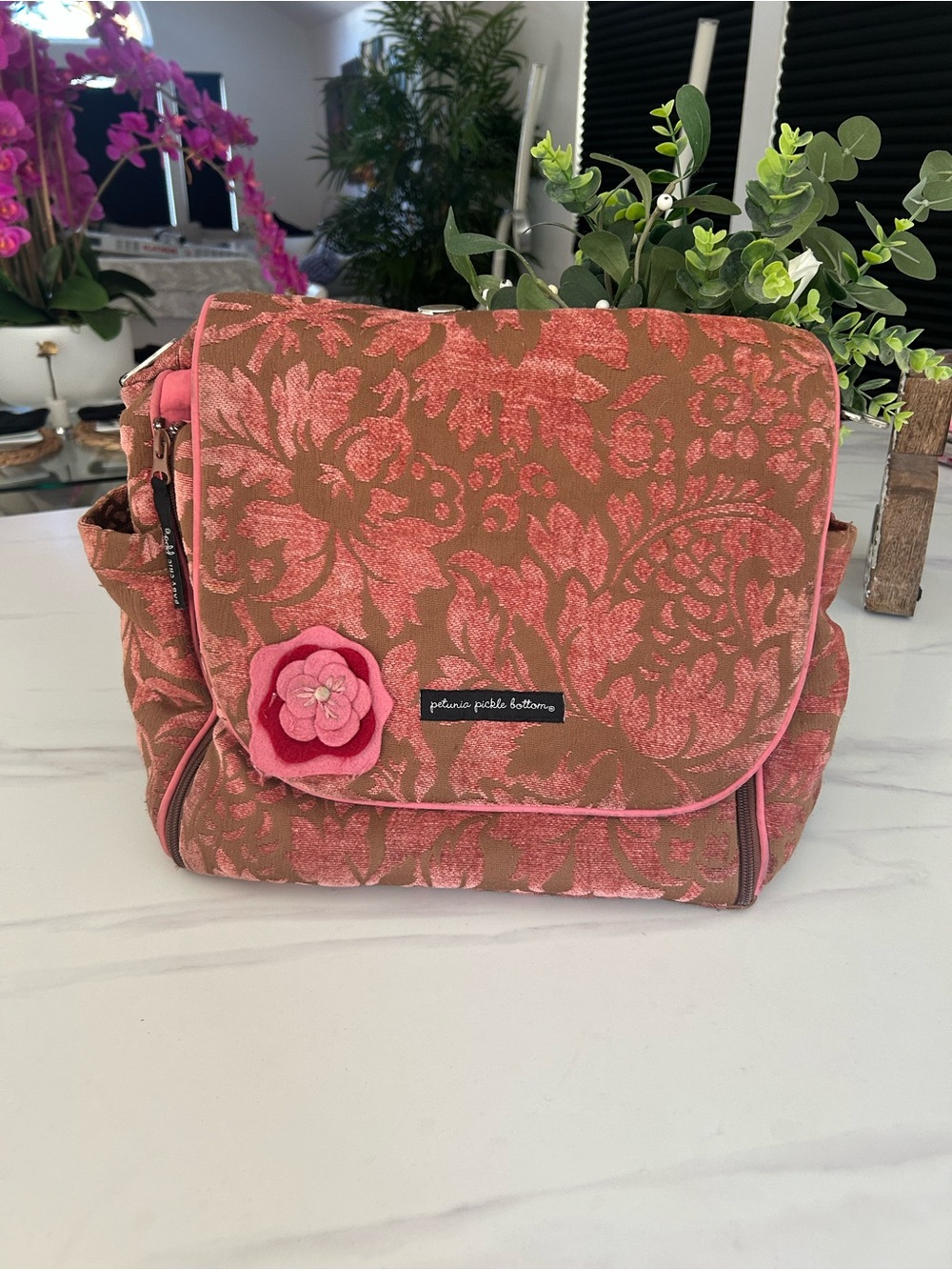 Petunia Pickle Bottom Coral Pink Floral Jacquard Baby Bag